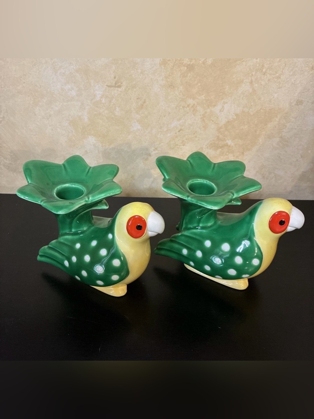 Pair Of Vintage Fitz and Floyd 1979 "Caribbean Parrot” Ceramic Candle Holders
